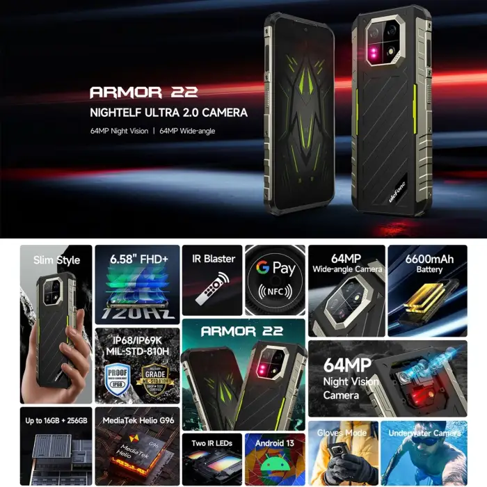 Ulefone Armor 22 Rugged Android 13 Mobile Phone 8GB+128/256GB Global Smartphone 6600mAh 64MP Night Vision Camera World Premiere — image 3