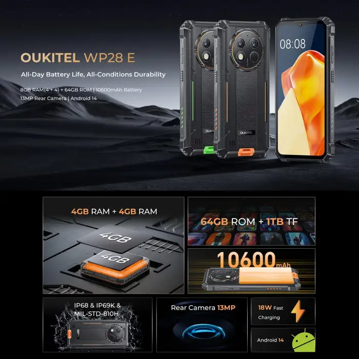 Oukitel WP28 S Rugged Smartphone 10600mAh Battery 6.52‘' HD+ Android 14 Mobile Phone Octa-core 4GB 128GB 13MP Camera 18W NFC 4G — image 3