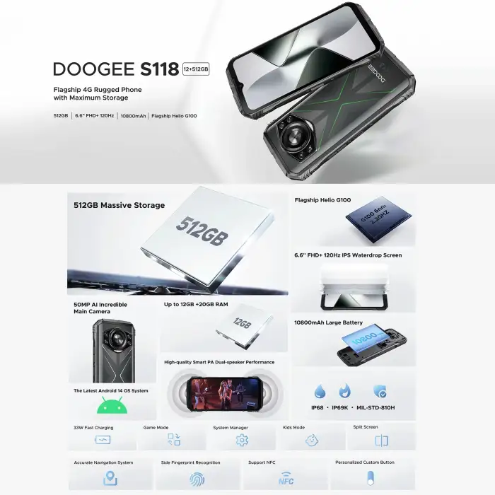 DOOGEE S118 Rugged Smartphone 6.58 inch IPS Screen 12GB+512GB Helio G99 10800mAh 50MP Camera 33W Android 14 NFC Mobile Phone — image 3