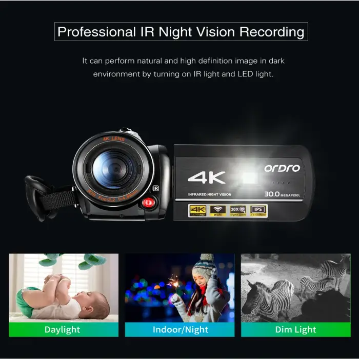Ordro AC3 Video Camera 4k Camcorder Professional, 30X Digital Zoom Infrared Night Vision Youtube Vlogging Recorder for Blogger — image 3