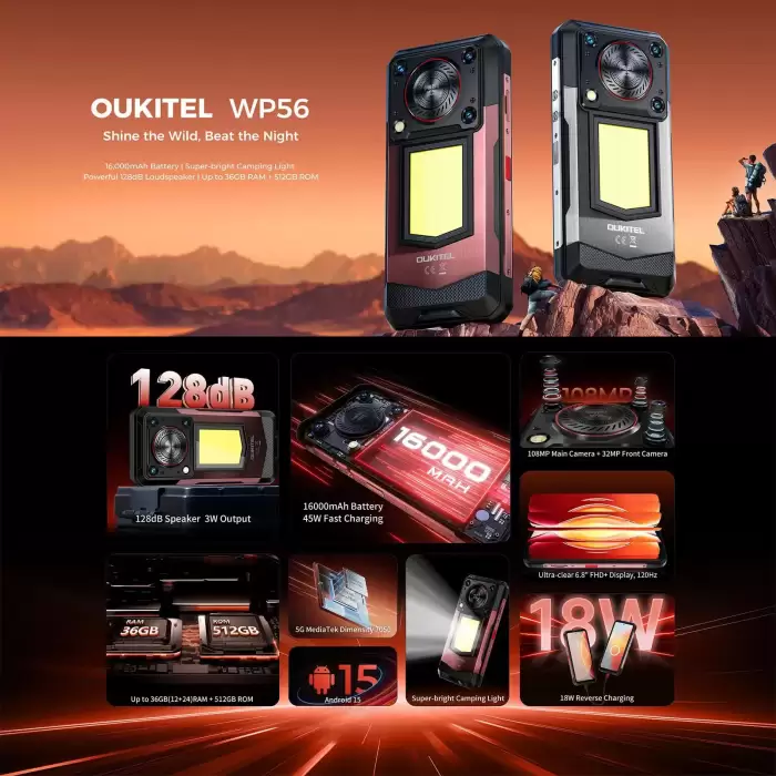 OUKITEL WP56 Rugged Phone 12GB+512GB 6.8“FHD 120Hz 16000mAh 45W 108MP Camera Android 15 Dimensity 7050 NFC 5G Smartphone — image 4