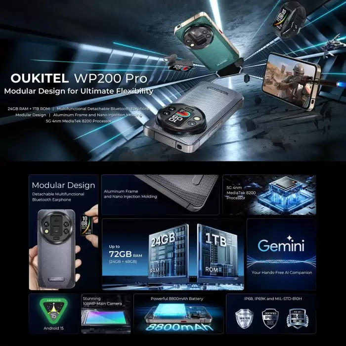 Oukitel WP200 Pro 5G Rugged Phone 24GB+1TB 6.7'' Android 15.0 MTK Dimensity 8200 108MP Main Camera 8800mAh NFC 5G Smartphone — image 3