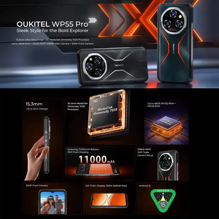 OUKITEL WP55 Pro Rugged Phone 48GB(12+36) 256GB 11000mAh 33W 6.6” 120Hz FHD+ Dimensity 7025 108MP Android 15 5G Smartphone — image 4