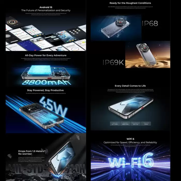 Oukitel WP200 Pro 5G Rugged Phone 24GB+1TB 6.7'' Android 15.0 MTK Dimensity 8200 108MP Main Camera 8800mAh NFC 5G Smartphone — image 6