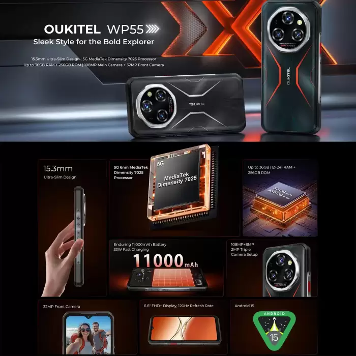 OUKITEL WP55 5G Rugged Phone 36GB(12+24) 256GB 11000mAh 33W 6.6” 120Hz FHD+ Dimensity 7025 108MP Android 15 Smartphone — image 3