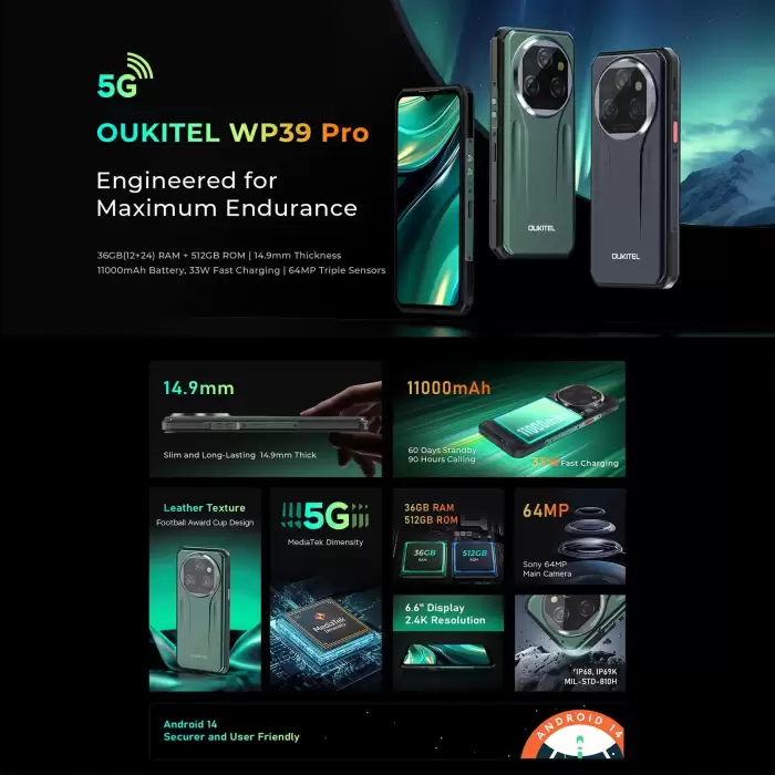 Oukitel WP39 Pro 5G Rugged Phone 12GB+512GB Night Vision 6.6 inch Android 14 Dimensity 6300 11000mAh NFC Smartphone — image 3