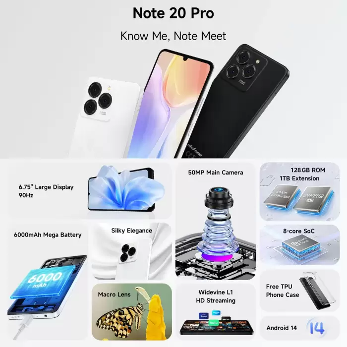 Ulefone Note 20 Pro Smartphone 50MP Camera 6000mAh Battery 4GB+128GB/ 256GB Unisoc T606 6.75" 90Hz 4G Android 14 Mobile Phone — image 3