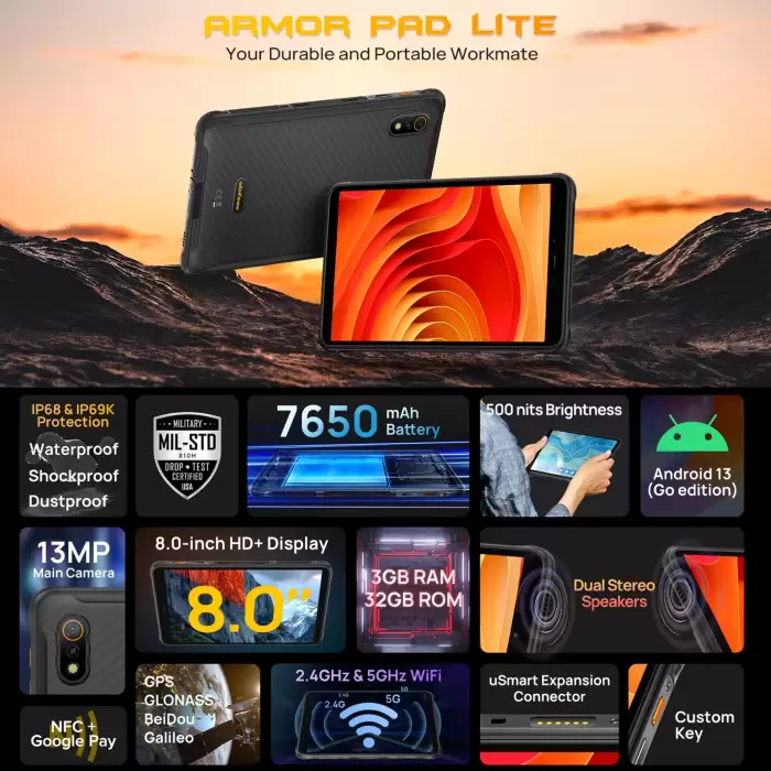 Ulefone Armor Pad Lite Rugged Tablet PC 8 inch Android 13 MediaTek MT8766 Quad Core 3GB+32GB 7650mAh 13MP Camera NFC Google Pay — image 3