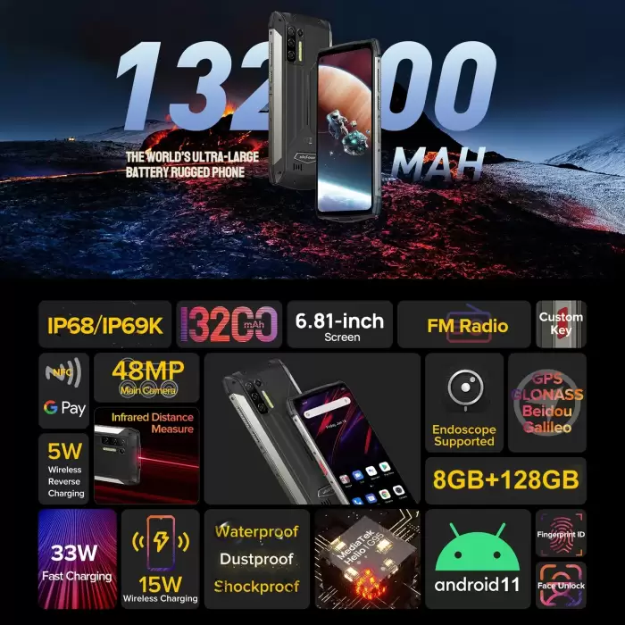 Ulefone Power Armor 13 Rugged Mobile Phone Android 11 Helio G95 8GB+128GB Smartphone 13200mAh Battery 33W 48MP Camera NFC — image 3