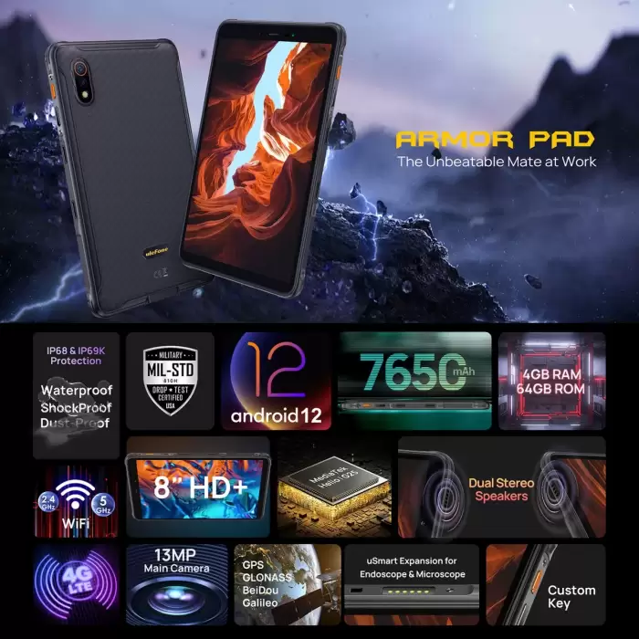 Ulefone Armor Pad Rugged Tablet PC Android 12 Phablet Helio G25 Octa Core 4+64GB 8'' Screen 7650mAh uSmart Expansion 4G LTE WIFI — image 3