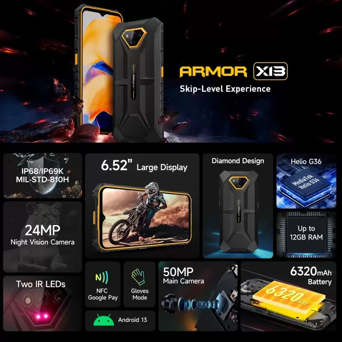Ulefone Armor X13 Rugged Phone Android 13 Mobile Helio G36 Octa Core 6+64GB 6.52'' Screen 6320mAh Smartphone NFC Global Version — image 3