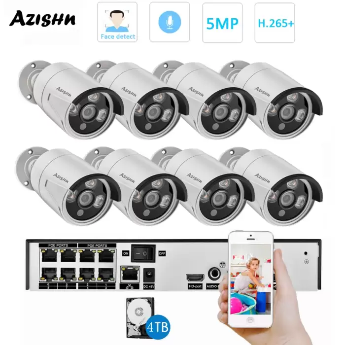 AZISHN H.265 8CH 5MP POE Security Camera System Kit Audio Record IP Camera IR Outdoor Waterproof CCTV Video Surveillance NVR Set — image 2