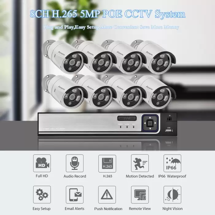 AZISHN H.265 8CH 5MP POE Security Camera System Kit Audio Record IP Camera IR Outdoor Waterproof CCTV Video Surveillance NVR Set — image 3