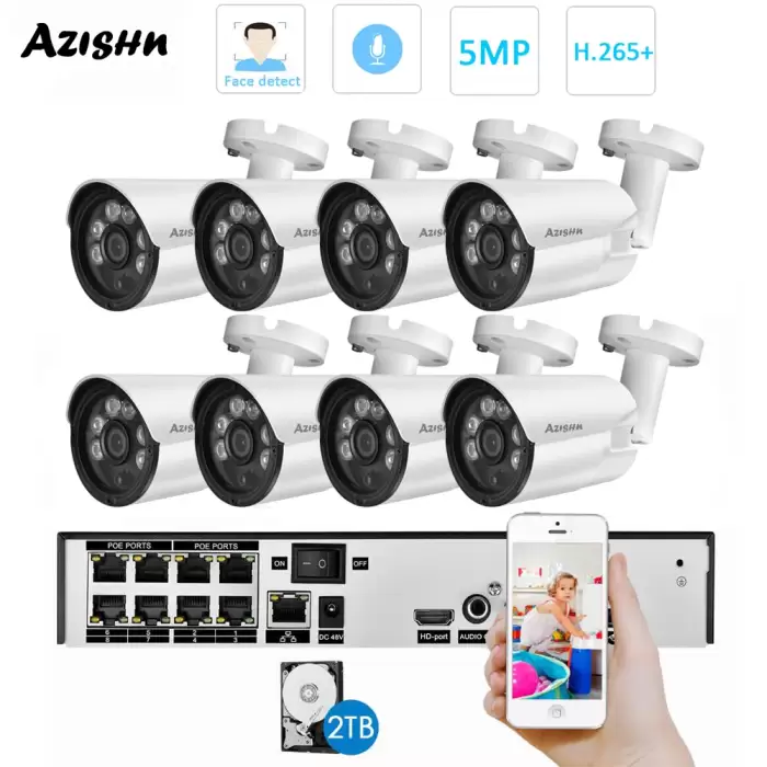 AZISHN Face Detect H.265+ 5MP HD POE NVR Kit CCTV Security System Metal Outdoor Audio IP Camera bullet Video Surveillance Set — image 2