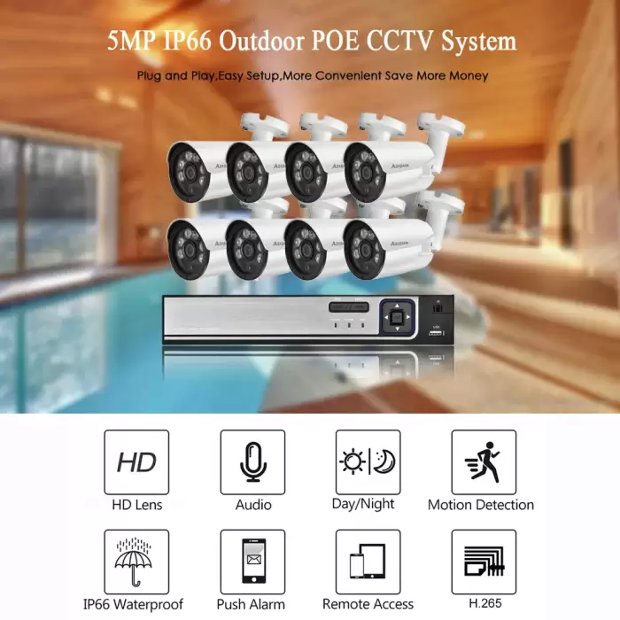 AZISHN Face Detect H.265+ 5MP HD POE NVR Kit CCTV Security System Metal Outdoor Audio IP Camera bullet Video Surveillance Set — image 3