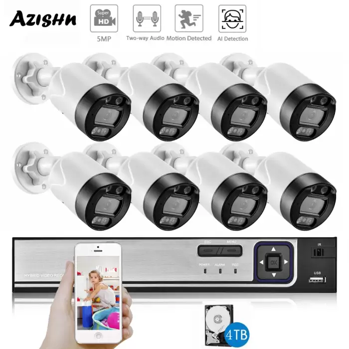 AZISHN H.265 8CH 5MP POE Security Camera System Kit Two Way Audio AI IP Cam Outdoor Human Detection CCTV Surveillance NVR Set — image 2