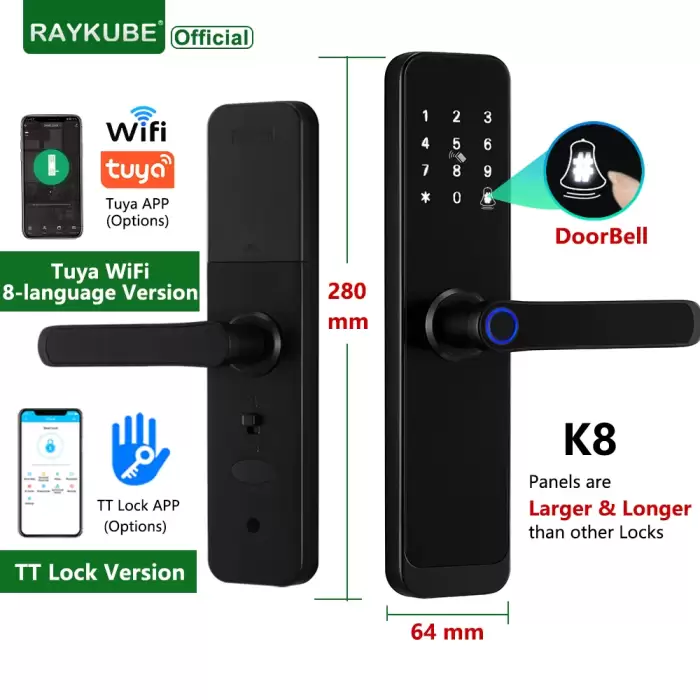 RAYKUBE K8 Smart Door Lock TTlock Bluetooth / Tuya Wifi Fingerprint Password 13.56MHZ IC Card Keyless Smartlife Home — image 2