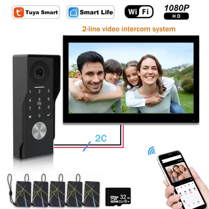2-Wire Metal Doorbell Video with TUYA IC Card PIN Unlock 24 IP Camera Support Smart Video Intercom System for Home 1080P — image 2