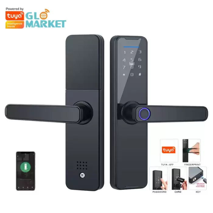 Glomarket Wifi Tuya Smart Door Lock Aluminum Fingerprint Password Card Key Unlock Biometric Digital Smart Lock — image 2
