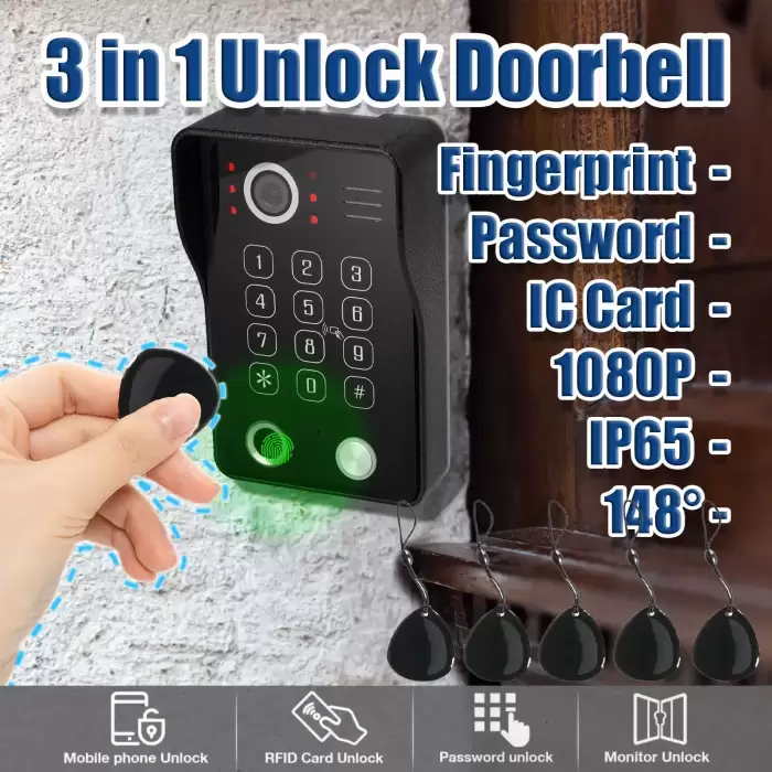 Fingerprint 5in1 Unlock Smart Wifi Door Camera with Monitor Intercom for Home Interphone Doorbell with RFID Card 2 Households — image 3