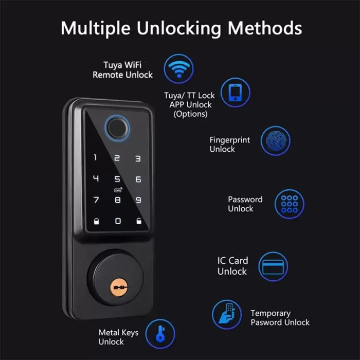 Deadbolt Smart Lock with APP Fingerprint Password IC Card Key, Keyless Entry Door Lock with TTlock or Tuya Wifi, 100 users codes — image 3