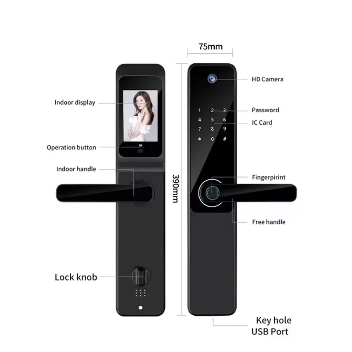 Glomarket Tuya Smart Lock APP Remote Control HD Screen Wide-angle Camera Wifi Fingerprint Recognition with Doorbell — image 3