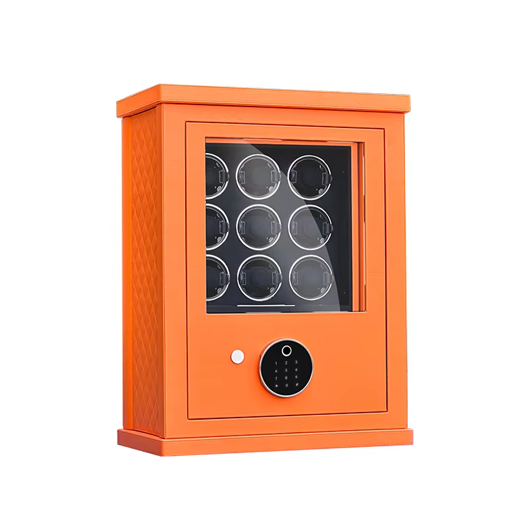 2025 High-End Orange Leather 9 Watch Winder with Digital Fingerprint Combination Lock — image 2