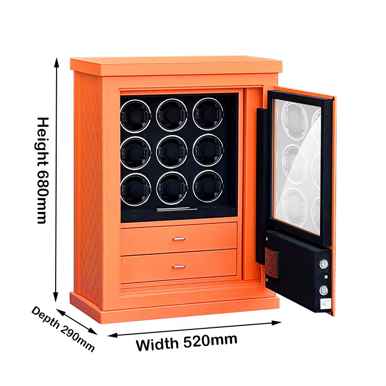 2025 High-End Orange Leather 9 Watch Winder with Digital Fingerprint Combination Lock — image 3
