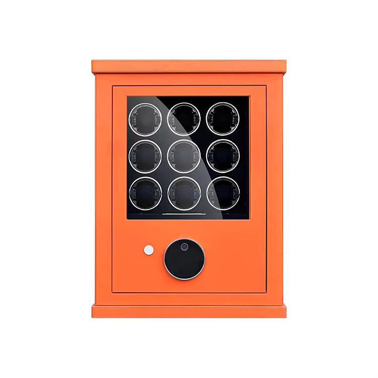 2025 High-End Orange Leather 9 Watch Winder with Digital Fingerprint Combination Lock — image 4