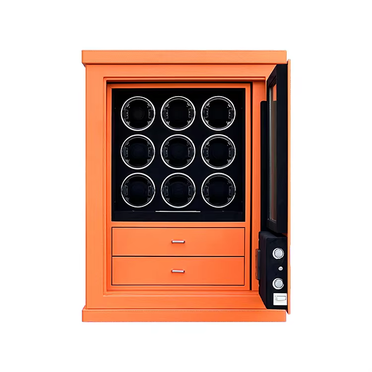 2025 High-End Orange Leather 9 Watch Winder with Digital Fingerprint Combination Lock — image 6