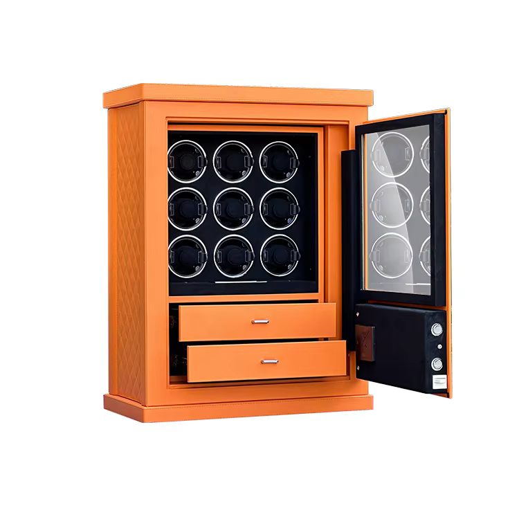 2025 High-End Orange Leather 9 Watch Winder with Digital Fingerprint Combination Lock — image 7