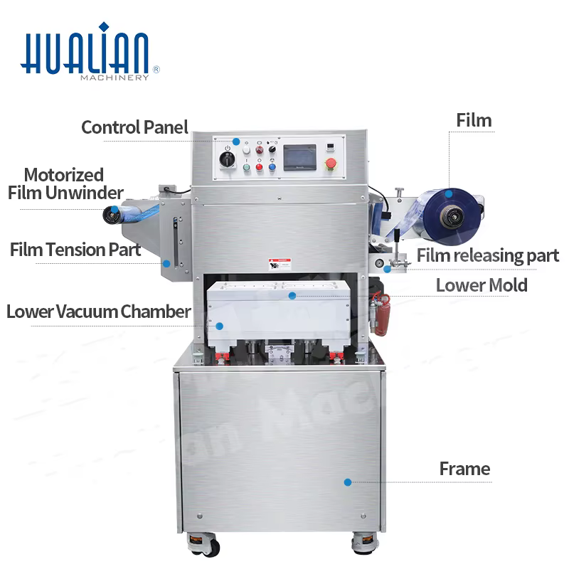 HVT-450M/2 Hualian Meat Food Map Sous Vide Vacuum and Seal Tray Skin Sealing Packaging Machine — image 3