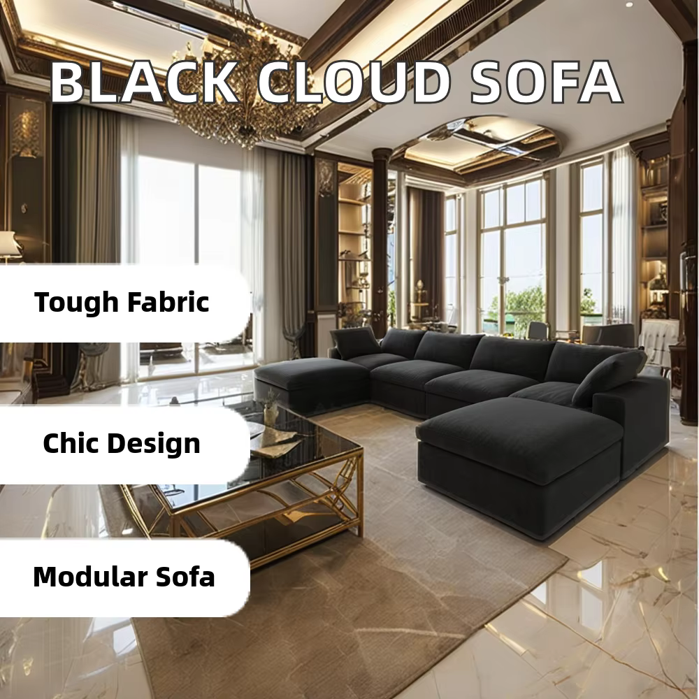 Furnistyle Luxury Nordic Black Fabric U-Shape Modular Sofa Set — image 2