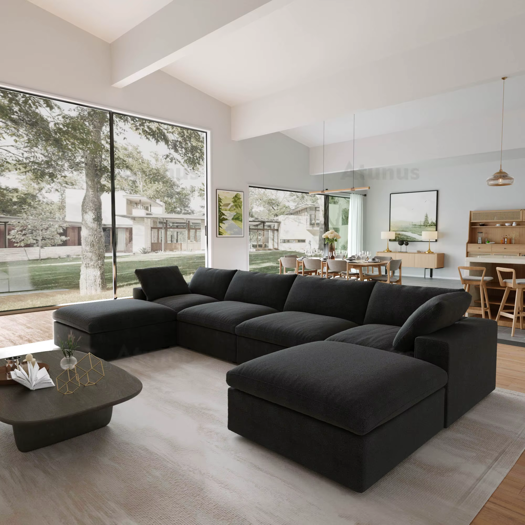 Furnistyle Luxury Nordic Black Fabric U-Shape Modular Sofa Set — image 3