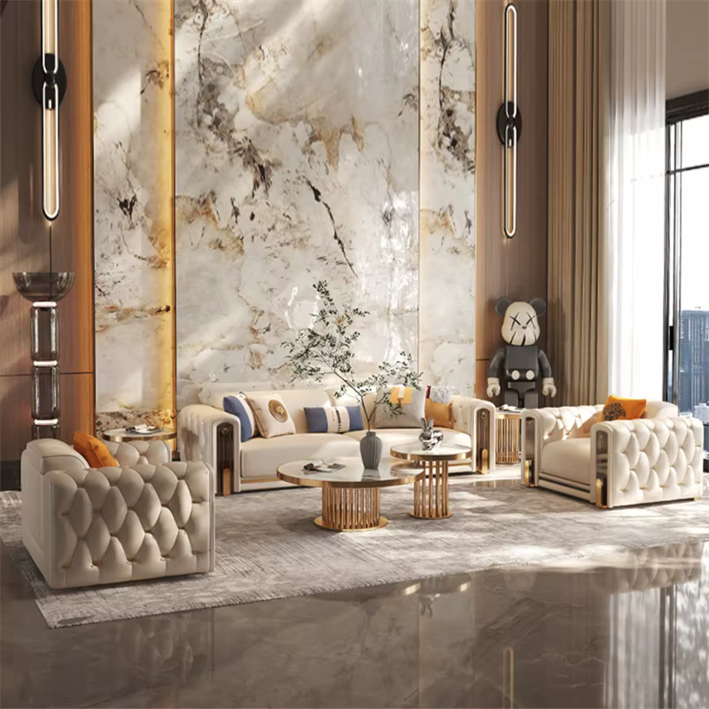 Luxury Gold Legs Chesterfield Leather Sectional Sofa Set — image 2