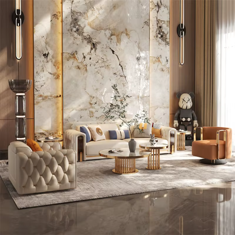 Luxury Gold Legs Chesterfield Leather Sectional Sofa Set — image 3