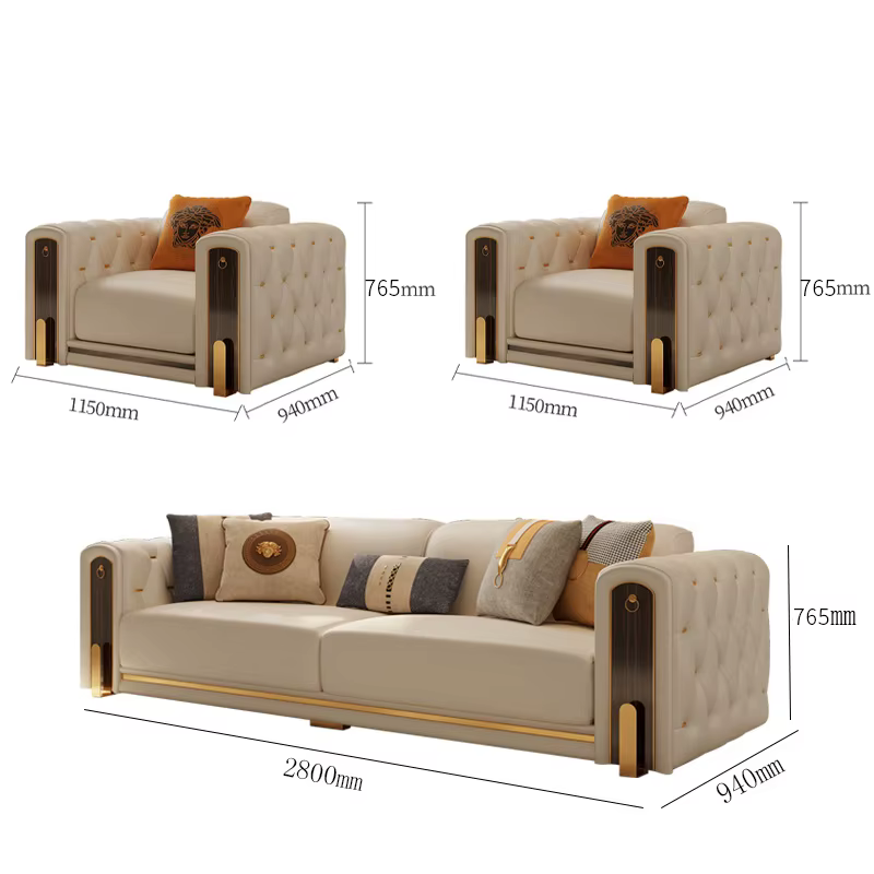 Luxury Gold Legs Chesterfield Leather Sectional Sofa Set — image 5