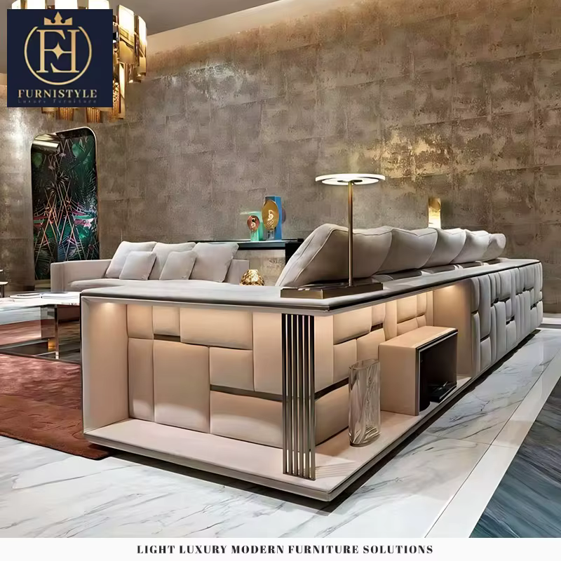 Furnistyle Italian High-End Luxury Villa Design Premium Living Room Leather Couch Set L-Shaped Sofa — image 2