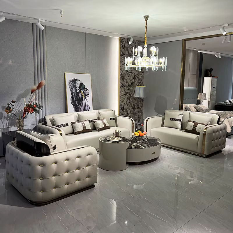 Furnistyle High Quality Italian Green Nubuck Sofa Luxury Leather Living Room Sofa Set — image 2