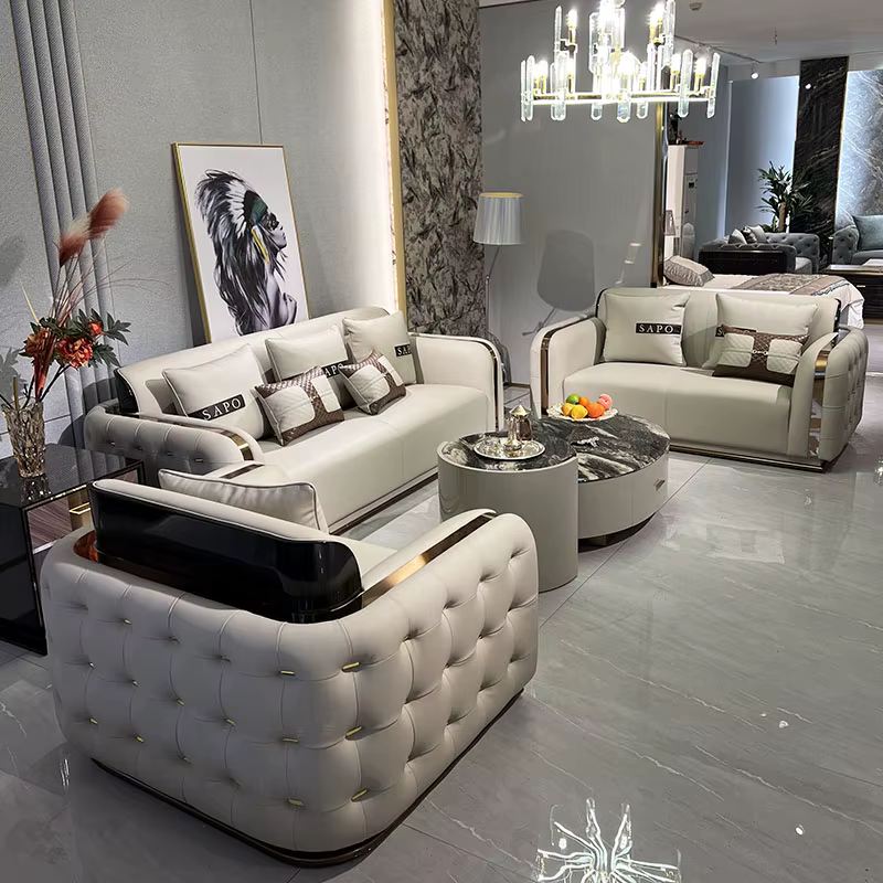 Furnistyle High Quality Italian Green Nubuck Sofa Luxury Leather Living Room Sofa Set — image 3