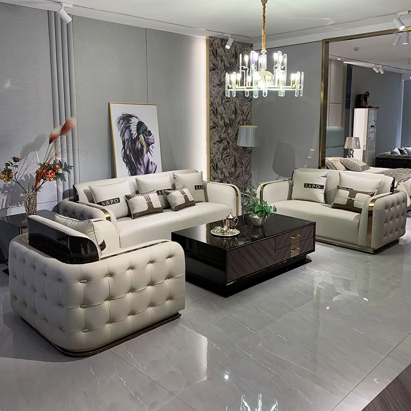Furnistyle High Quality Italian Green Nubuck Sofa Luxury Leather Living Room Sofa Set — image 4
