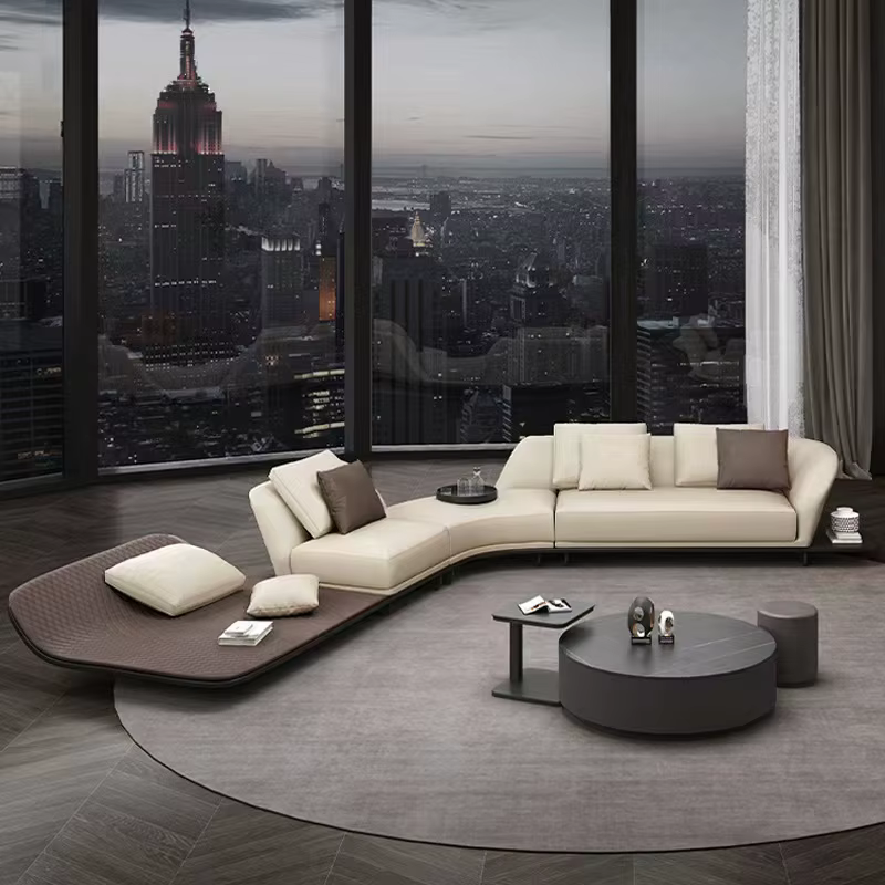 Furnistyle Luxury L-Shape Fabric and Leather Wooden Curved Sofa — image 3