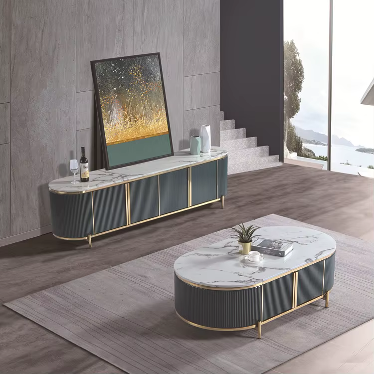 Modern Luxury Dark Grey Marble Top Stainless Steel TV Table — image 5