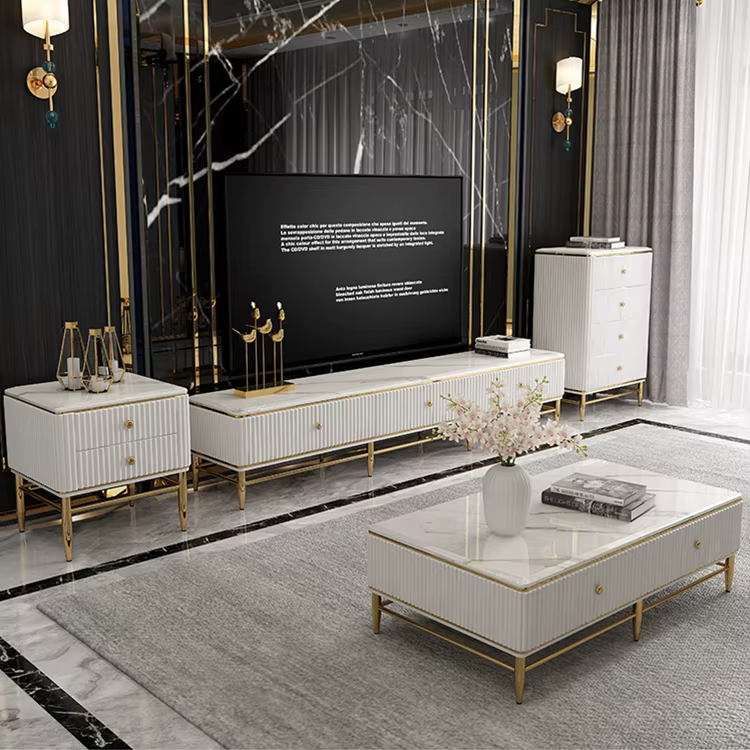 Luxury Design Modern TV Stand with Solid Wood Drawers and Marble Top — image 3