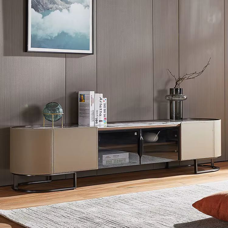 Stainless Steel Base Saddle Leather and Wood Combination Modern Stone Top Living Room TV Table — image 2