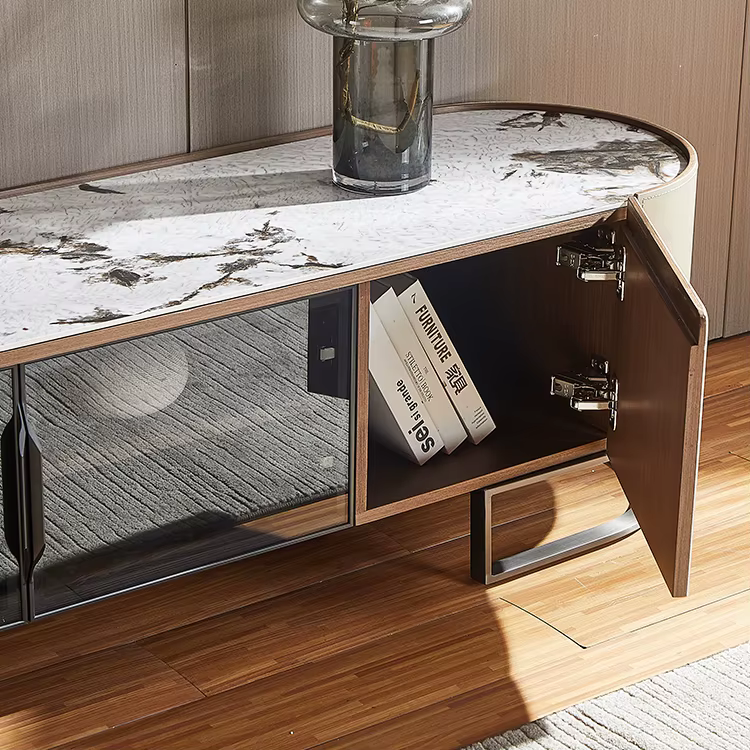 Stainless Steel Base Saddle Leather and Wood Combination Modern Stone Top Living Room TV Table — image 3