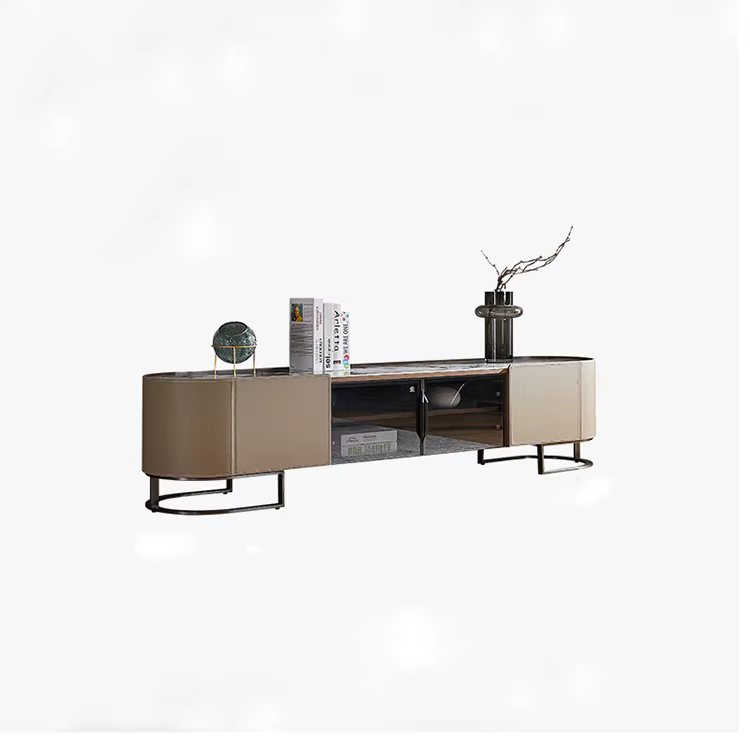 Stainless Steel Base Saddle Leather and Wood Combination Modern Stone Top Living Room TV Table — image 5
