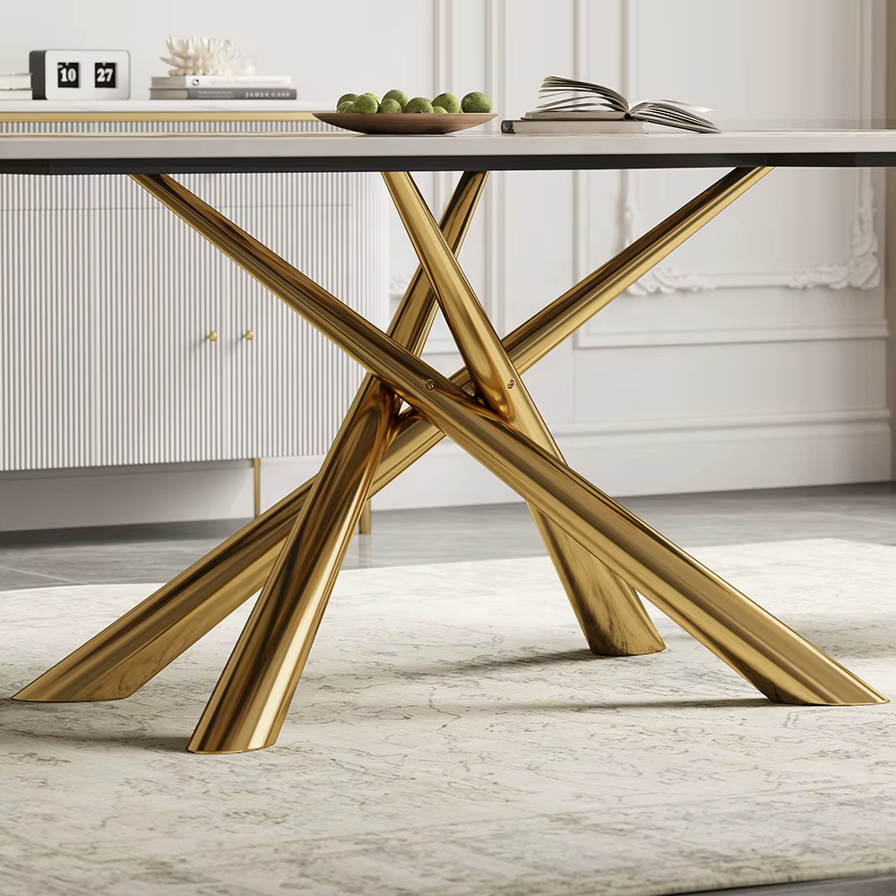 Modern 900x1800mm White Marble Effect Dining Table with Gold Metal Cross Legs — image 2