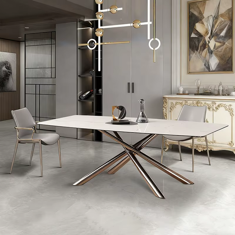 Modern 900x1800mm White Marble Effect Dining Table with Gold Metal Cross Legs — image 3