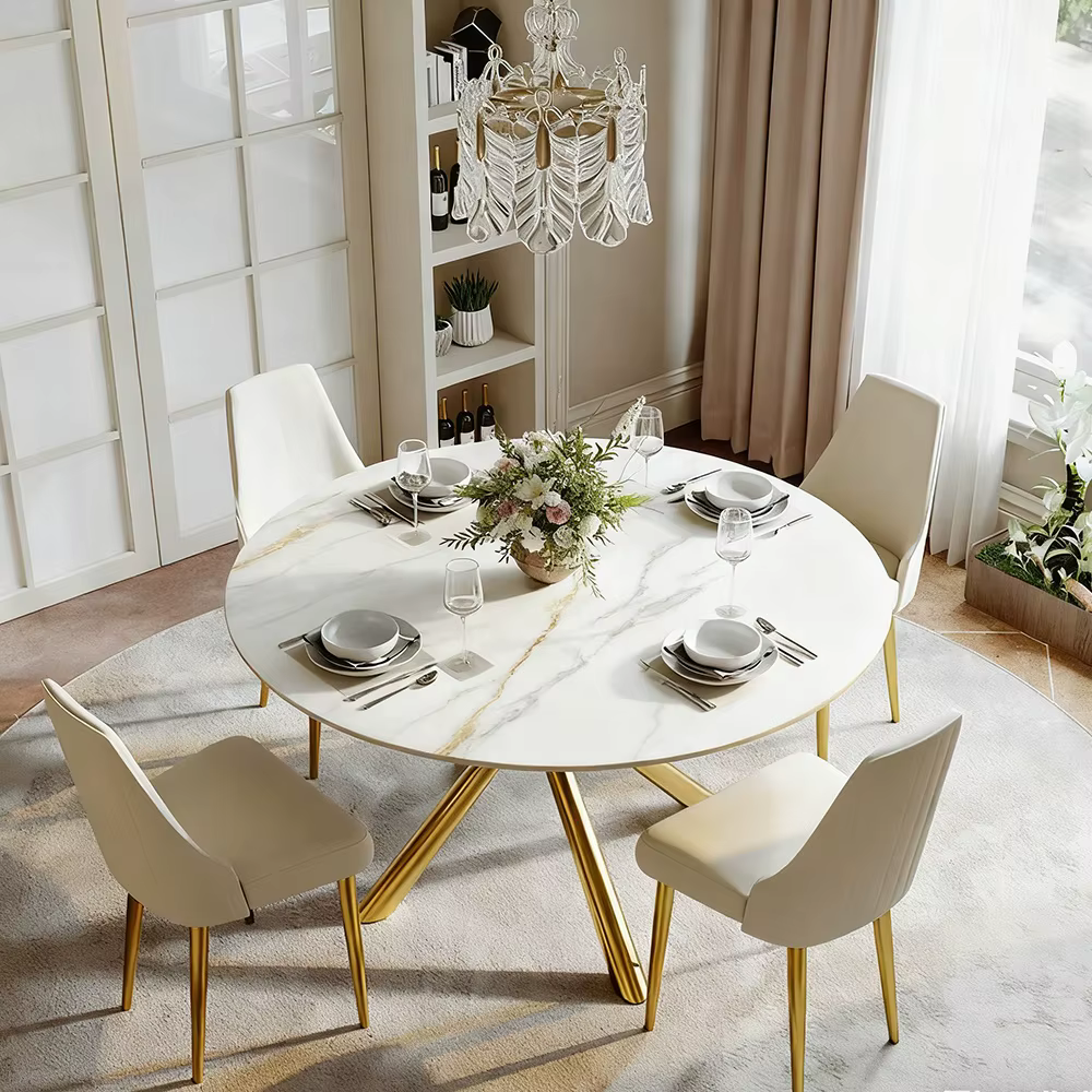 Chinese Design Circle Nordic Gold Round Dinner Table with Rotating Tray and 8 Victorian Dining Chairs — image 2